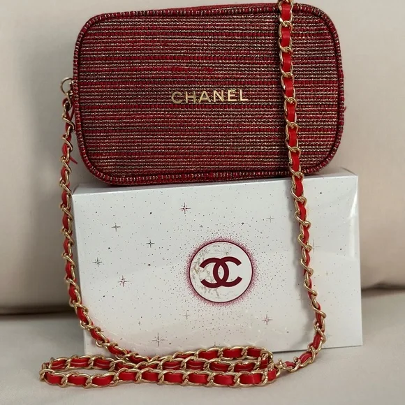 CHANEL NEW RED COSMETIC BAG with added unbranded CROSSBODY STRAP♥️FREE SHIPPING - Picture 1 of 9